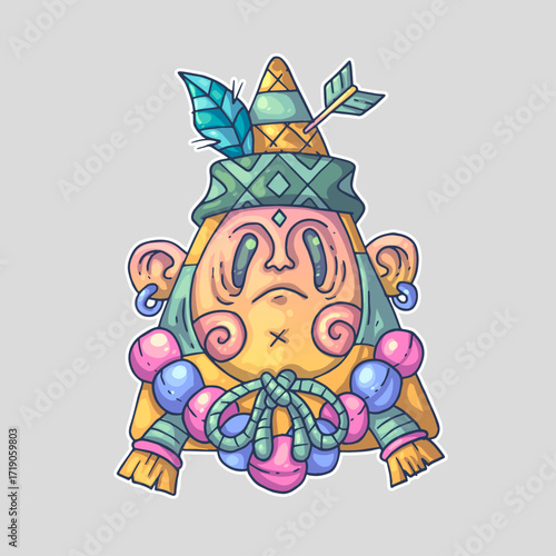 A colorful cartoon character with a triangular body, wearing a hat with a feather and an arrow, adorned with beads. Cartoon vector character. Trendy style. Vector illustration.