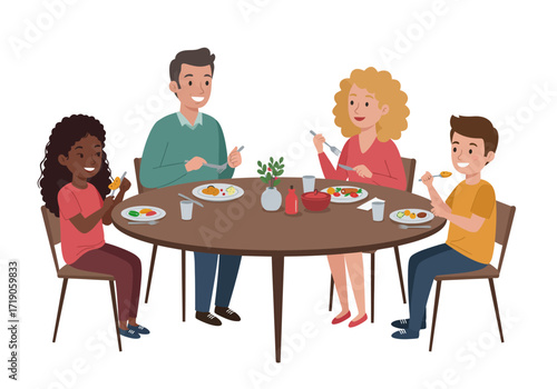 A family of four sits around a round table eating dinner and engaging with each other