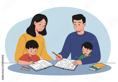 A family of four sits at a table doing homework with two adults assisting their two children