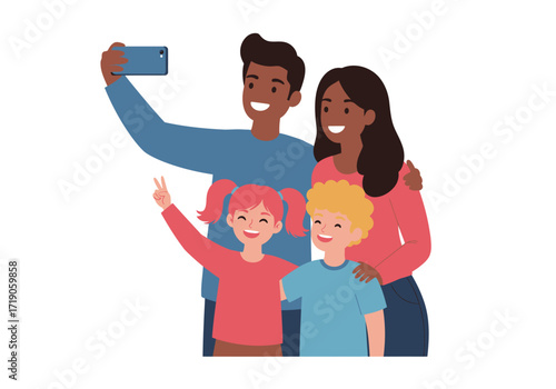 A family of four taking a selfie