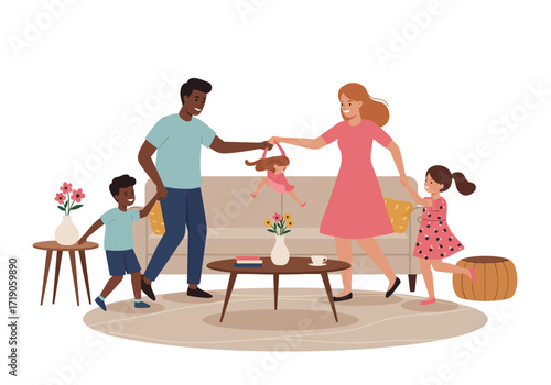 A family of four with parents playing with a doll and children in a cozy living room scene