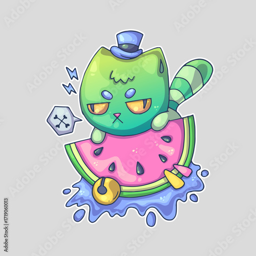 A green cat with a top hat sits on a watermelon slice, surrounded by melting ice and a bell. Cartoon vector character. Trendy style. Vector illustration.