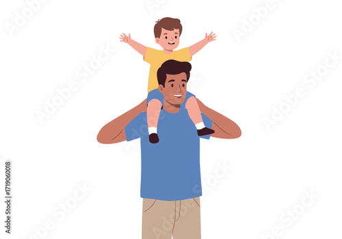 A father holds a small child on his shoulders both smiling with outstretched arms