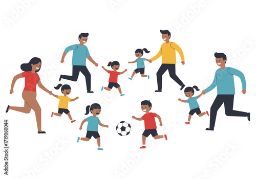 A group of people including adults and children playing soccer in an open space
