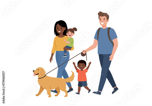 A happy family is walking a golden retriever with two kids