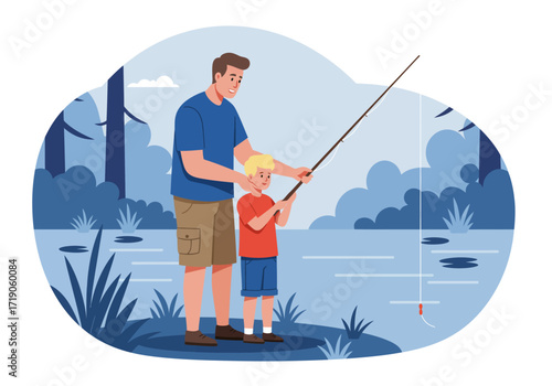 A man and a child both in casual clothes are fishing in a bluetoned natural setting with trees and water