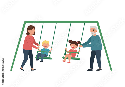 A woman and man push children on swings at a park