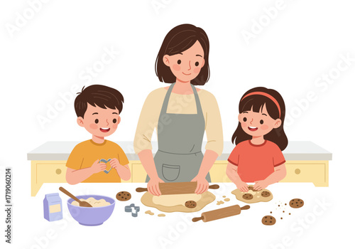 A woman  two children making cookies using rolling pins and cookie cutters