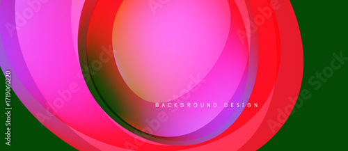 Abstract vibrant layers create flowing circular design. Pink, red, purple hues dominate with green accent. Modern background texture.