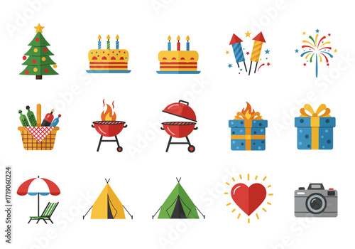 Array of icons featuring camping celebration  summer related items including a tree gifts tents BBQ  camera