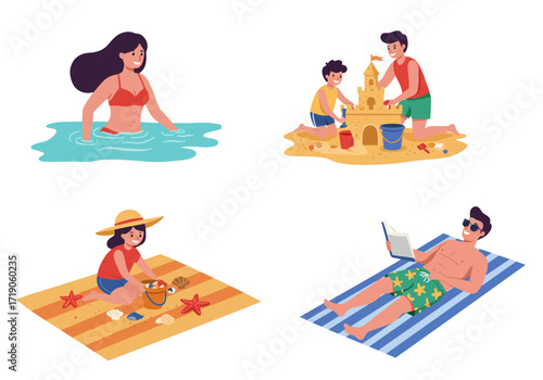 Beach scene with people swimming building sandcastles reading and collecting seashells