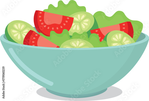 Fresh vegetable salad in bowl isolated on white. Appetizing illustration salad made of tomatoes, cucumber slices and lettuce leaves