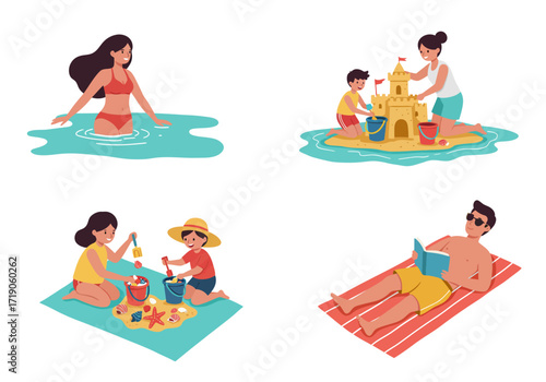 Beach scenes Woman swims family builds sandcastle kids play man reads on towel