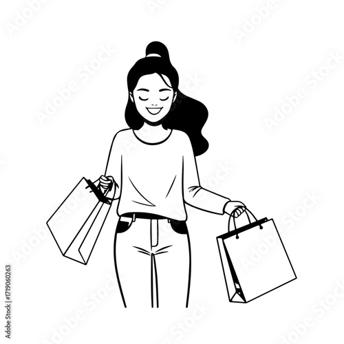 Black and white line art of a beautiful happy woman carrying shopping bags minimalist cheerful illustration