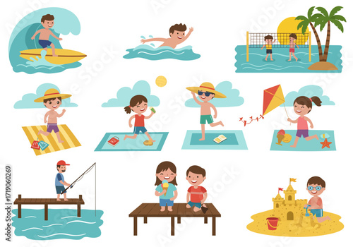 Beach scene kids surf swim play volleyball fish eat build sandcastles  fly kites
