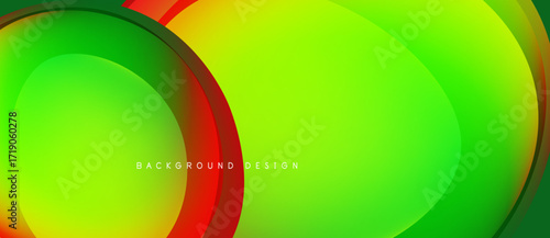 Abstract vibrant design features layered circles. Green, red, yellow hues blend smoothly creating dynamic visual effect. Modern background.