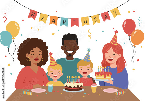 Birthday party scene with family two cakes balloons and colorful decorations