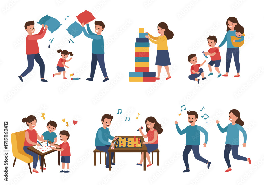 Fototapeta premium Cartoon families engage in various fun activities together in a cheerful playful setting