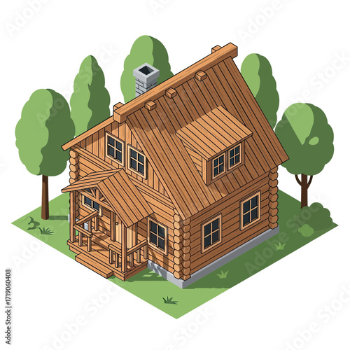 Charming log cabin nestled among trees, a cozy architectural design evoking rustic comfort and peaceful living in a natural setting, idyllic home design