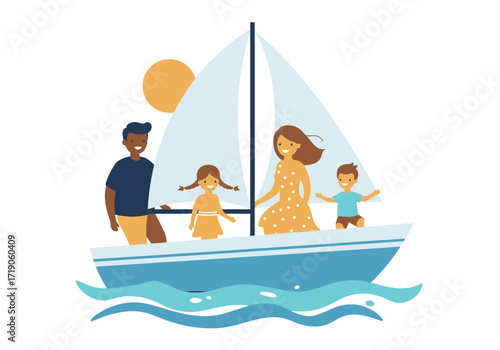 Cartoon family of four enjoying a sailing trip on a blue sailboat under a yellow sun