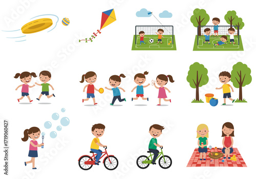 Cartoon figures enjoying outdoor activities including ball games kite flying biking blowing bubbles and a picnic