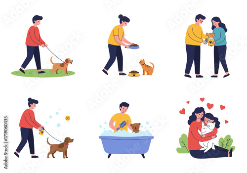 Cartoon illustrations show pet owners caring for their pets in different situations