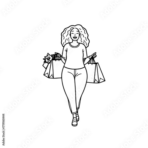 Black and white line art of a beautiful happy woman carrying shopping bags minimalist cheerful illustration