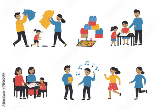 Cartoon people depicted engaging in activities like pillow fights drawing and board games