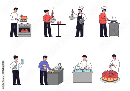 Chefs and assistants perform kitchen tasks baking washing and cooking