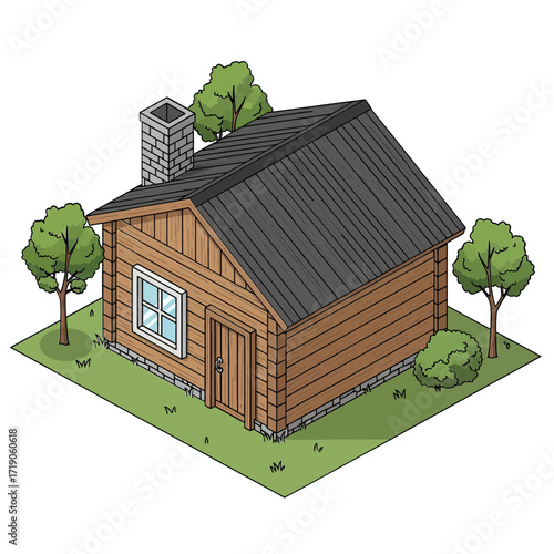 Cozy wooden cabin isometric view, peaceful rural getaway, simple living concept, rustic home design, charming countryside architecture, sustainable lifestyle