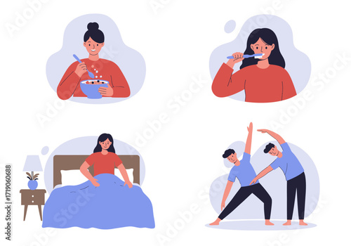 Collage shows woman eating brushing teeth getting out of bed and men exercising