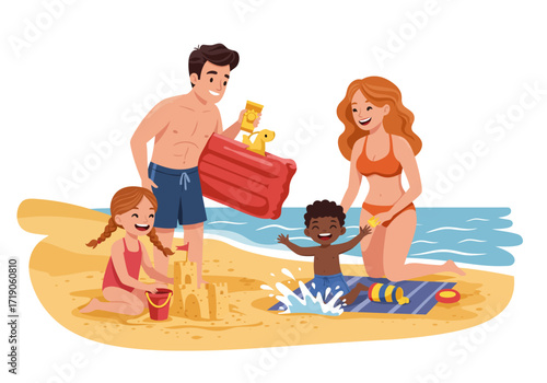 Family at the beach A man woman girl building a sandcastle and boy splashing in the water