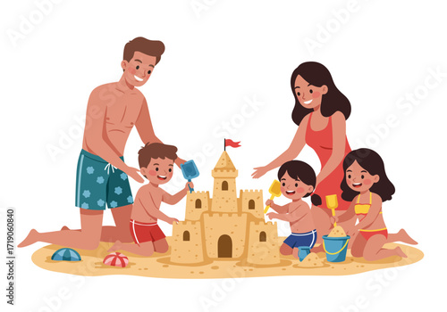 Family building a sandcastle on a beach with mother father and three children
