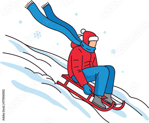 Vector art of person sledding down a snowy hill with a blue scarf