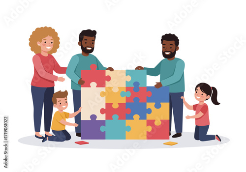 Family consisting of two parents and two children is constructing a colorful jigsaw puzzle