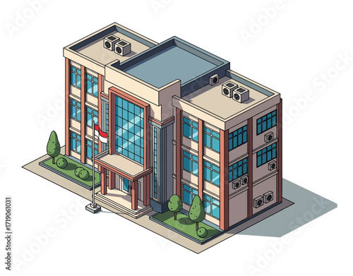 Detailed isometric view of an Indonesian government building with flag waving, perfect for architectural design, urban planning, or educational materials