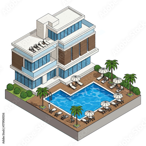 Stunning modern resort villa with pool perfect for vacation rentals, travel brochures, or luxury real estate promotions, a beautiful isometric design