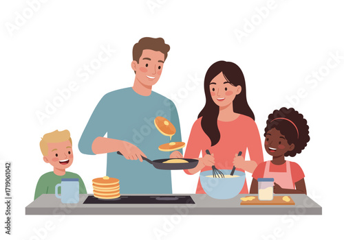 Family cooking pancakes dad flips mom mixes kids watch by stack mug condiments on a counter