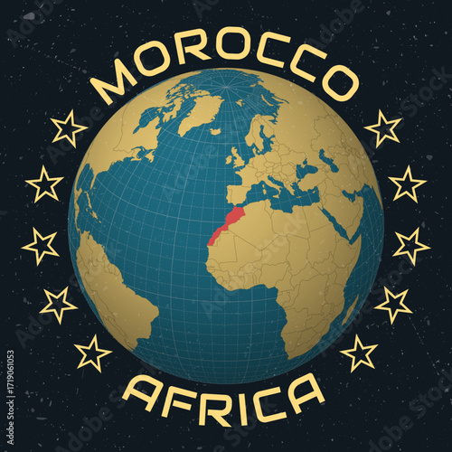 Morocco on Globe. Country name round text. Vintage look with grunge scratched texture. Country view on world map in Sky Blue Light Yellow color palette. Morocco shape on map.