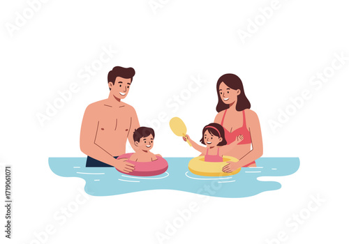 Family enjoying a swim dad mom son in a pink float daughter in yellow float holding a yellow paddle