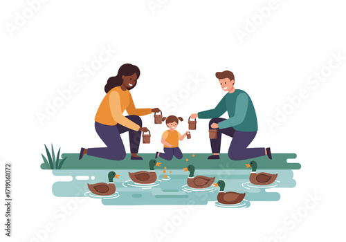 Family feeding ducks by the pond with buckets of food