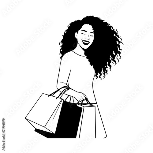 Black and white line art of a beautiful happy woman carrying shopping bags minimalist cheerful illustration