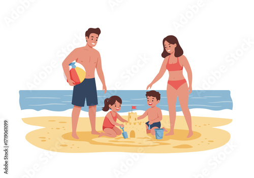 Family enjoys beach vacation two parents and two children make sandcastle play with ball by the sea