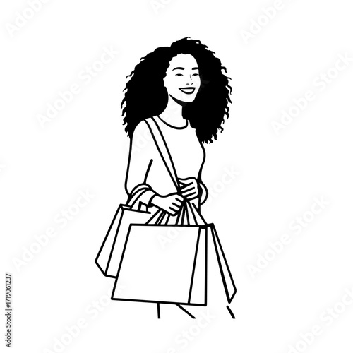 Black and white line art of a beautiful happy woman carrying shopping bags minimalist cheerful illustration