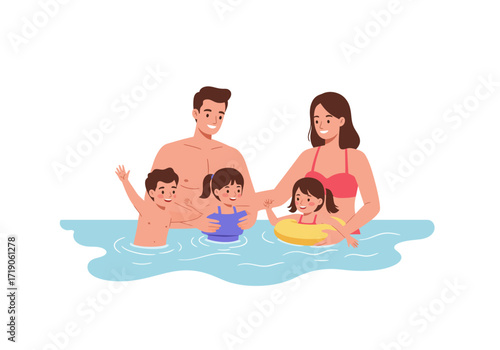 Family of five in water Man  woman embrace kids one in a swim ring one waves