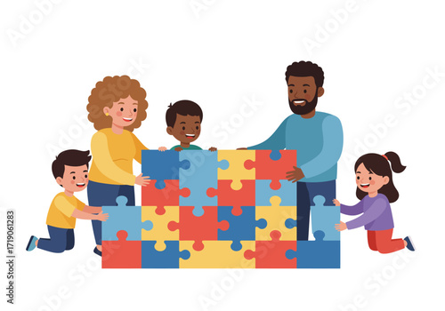 Family of 5 building jigsaw puzzle of blue yellow red interlocking pieces