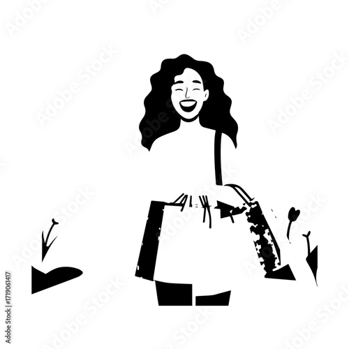 Black and white line art of a beautiful happy woman carrying shopping bags minimalist cheerful illustration