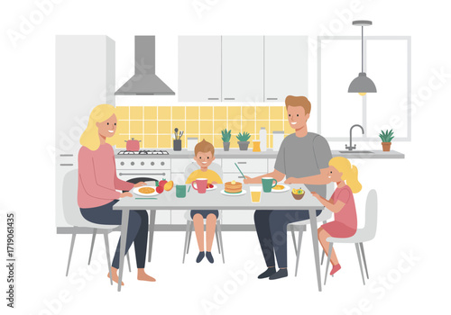 Family of four eating breakfast in a modern kitchen with yellow tiles and minimalist cabinets