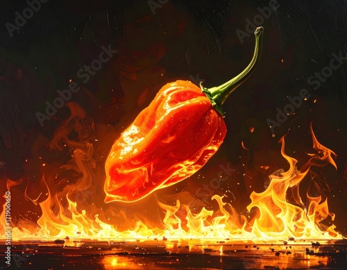 Spicy habanero pepper levitating above fire