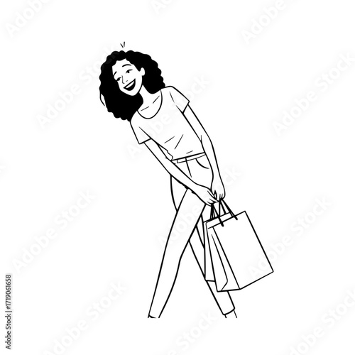 Black and white line art of a beautiful happy woman carrying shopping bags minimalist cheerful illustration